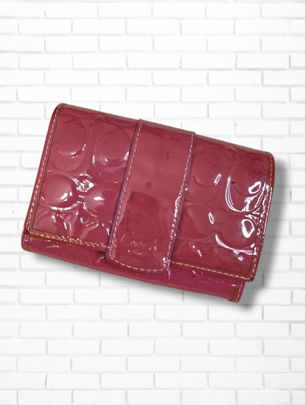 Coach Patent Leather Mauve Pink Snap Closure Monogram Compact Wallet